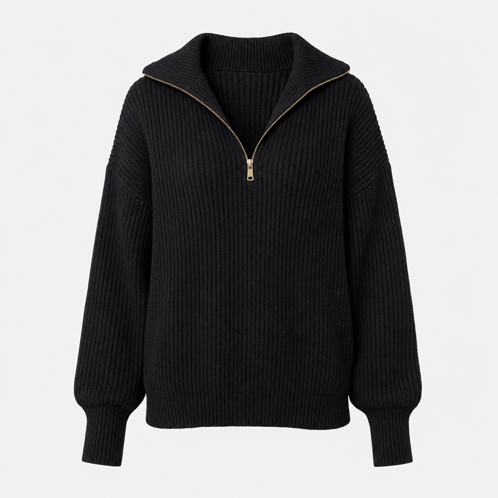 Black ribbed half-zip sweater displayed on its own against a light background.