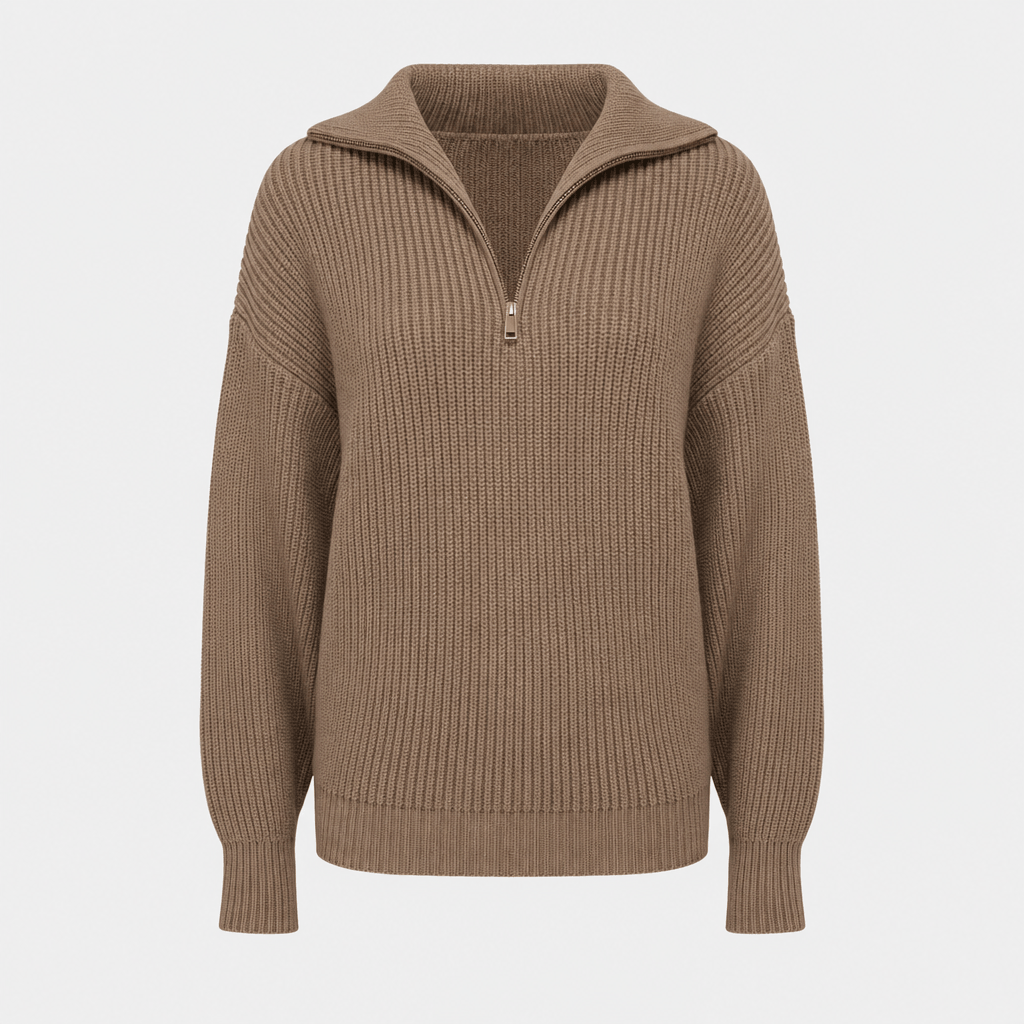 Taupe brown ribbed half-zip sweater displayed on its own against a light background.