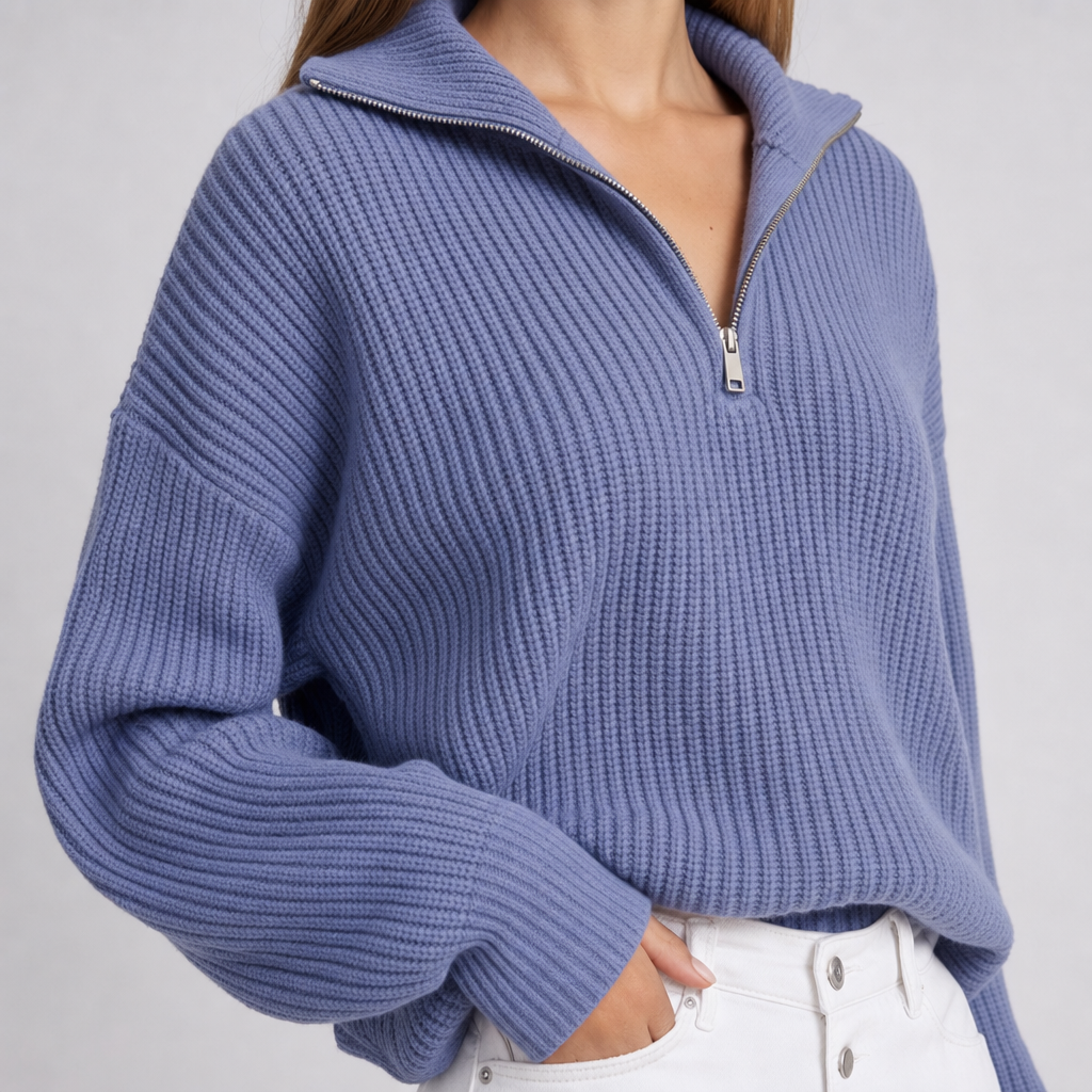 Close-up showing the ribbed knit texture, oversized collar, and half-zip neckline of the slate blue sweater.