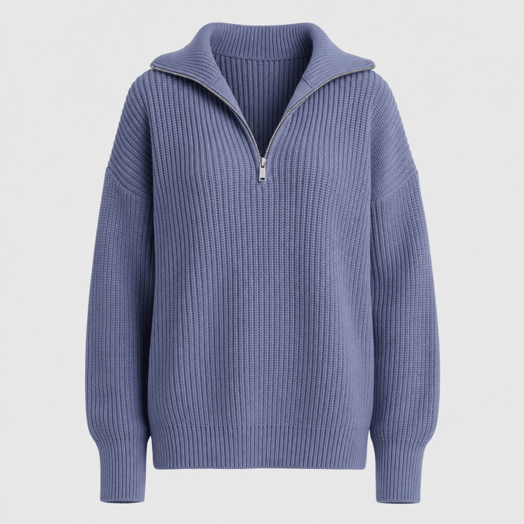 Slate blue ribbed half-zip sweater displayed on its own against a light background.