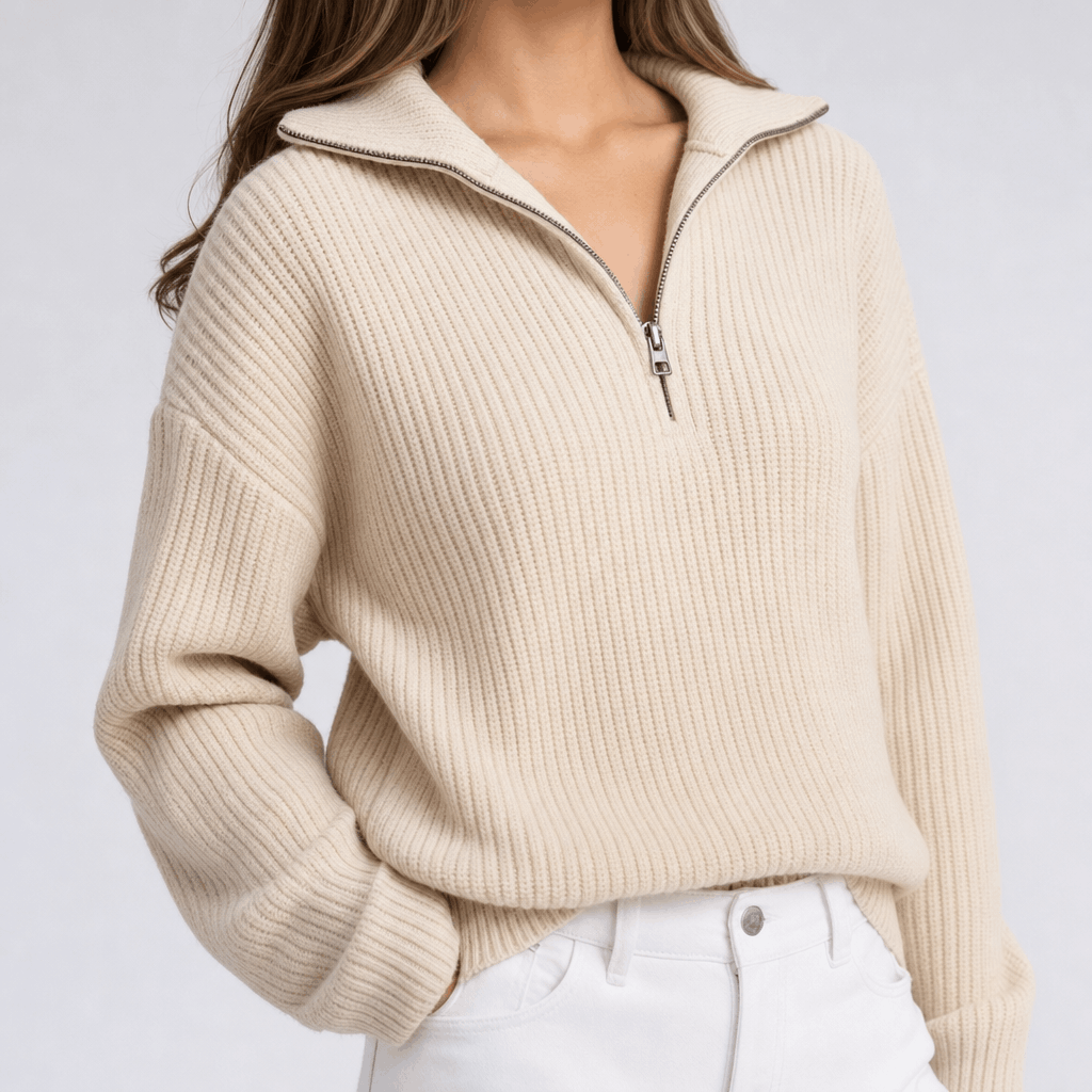 Close-up showing the ribbed texture and half-zip neckline of the cream sweater.