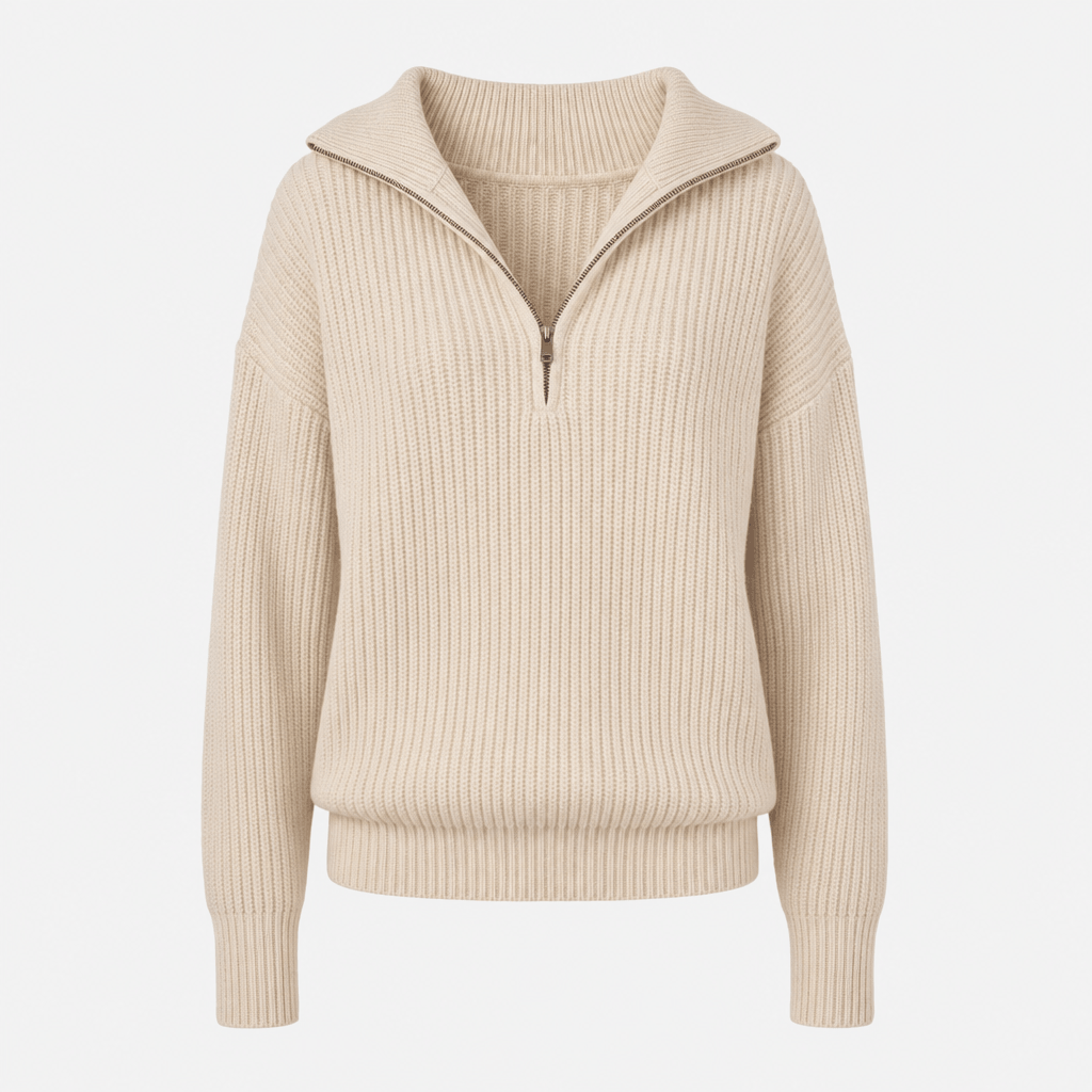 Cream ribbed half-zip sweater displayed on its own against a light background.