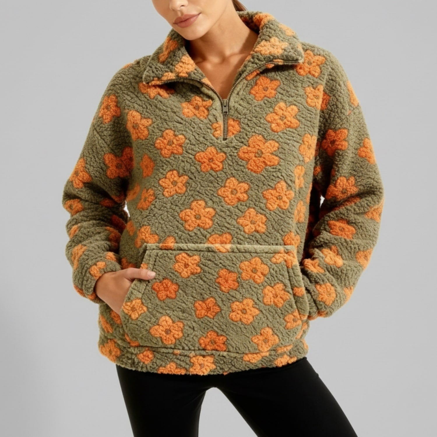 Eliza Women's Oversized Floral Fleece Half-Zip Winter Pullover