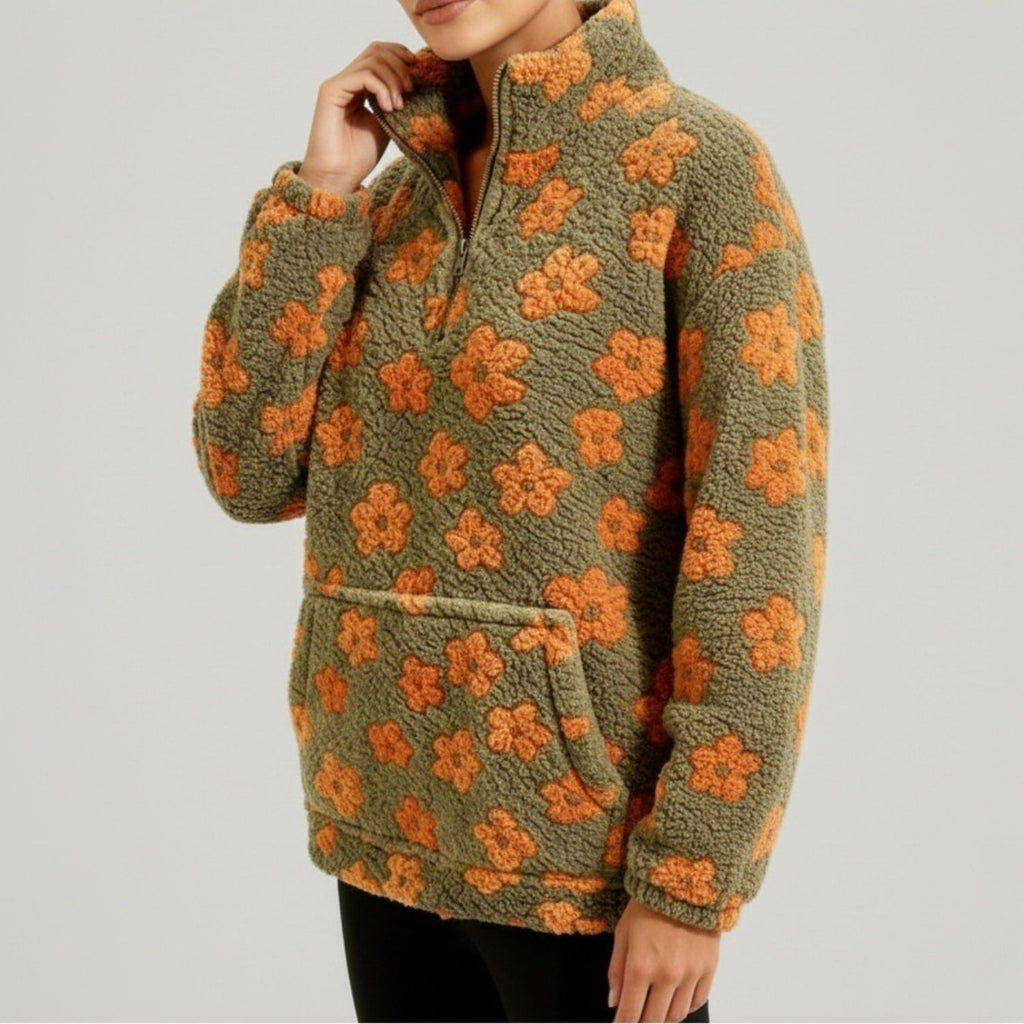 Eliza Women's Oversized Floral Fleece Half-Zip Winter Pullover