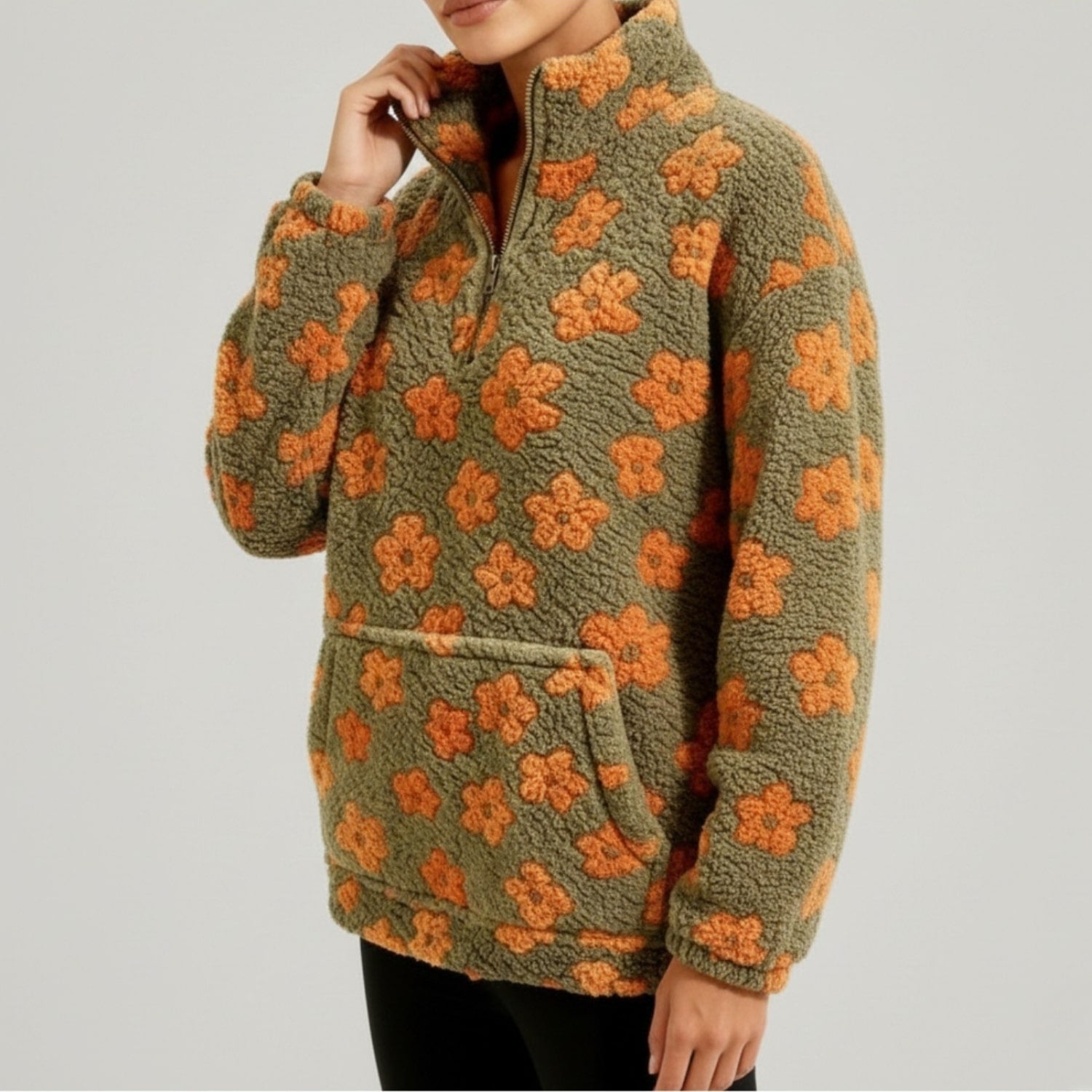 Eliza Women's Oversized Floral Fleece Half-Zip Winter Pullover