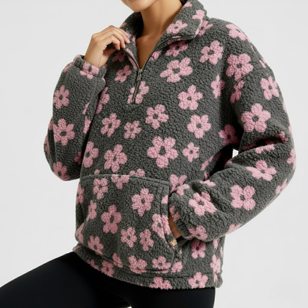 Eliza Women's Oversized Floral Fleece Half-Zip Winter Pullover