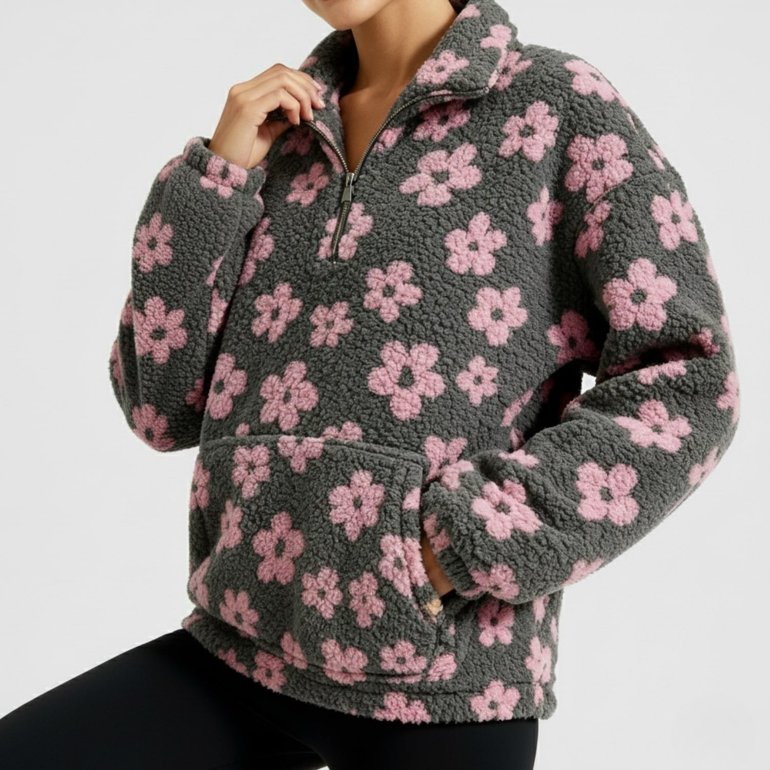 Eliza Women's Oversized Floral Fleece Half-Zip Winter Pullover