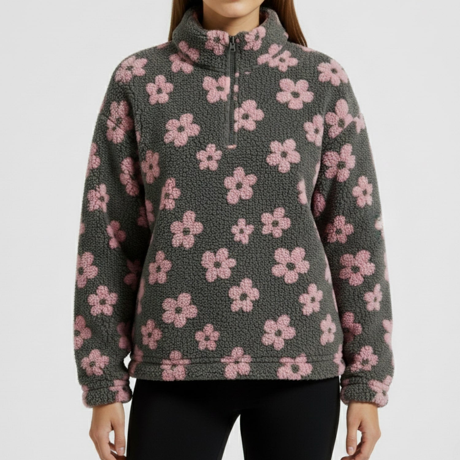 Eliza Women's Oversized Floral Fleece Half-Zip Winter Pullover