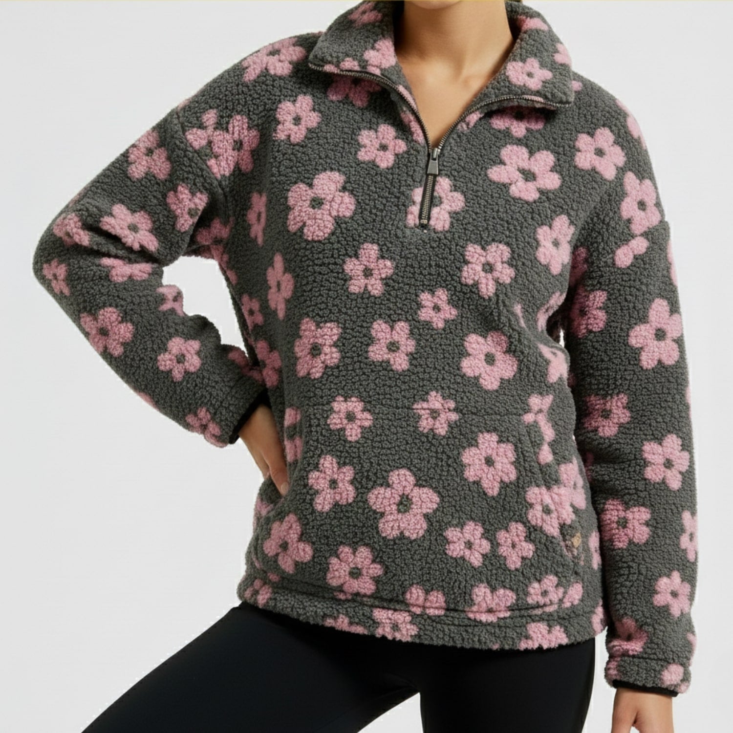 Eliza Women's Oversized Floral Fleece Half-Zip Winter Pullover