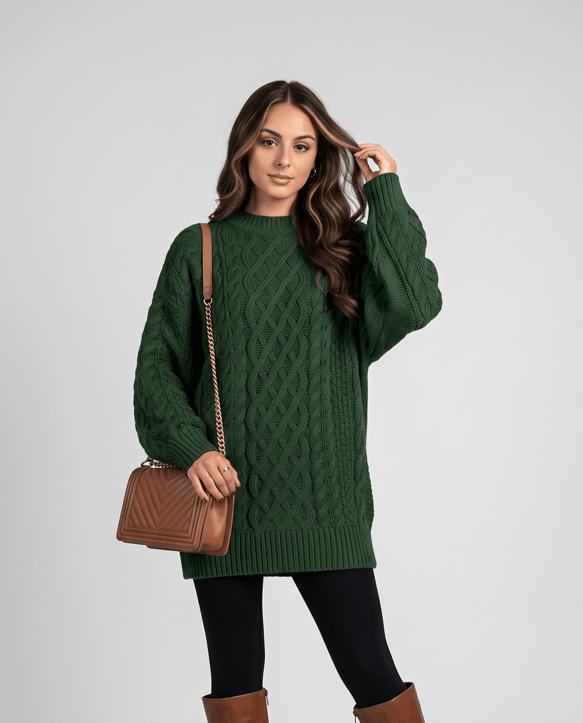 Green Cable Knit Sweater worn by a female model with a short skirt and tall boots, featuring an oversized fit, textured cable knit pattern, and balloon sleeves.
