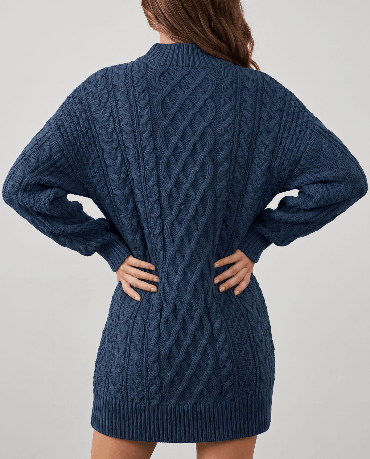 Blue Cable Knit Sweater worn by a female model from the back, showcasing the textured cable knit pattern, oversized silhouette, and balloon sleeves.
