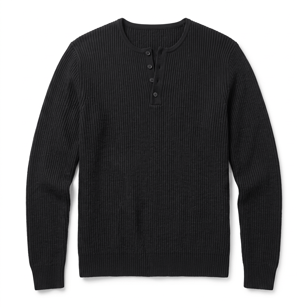 Black ribbed knit henley sweater featuring a four-button placket and long sleeves in a regular layering fit.