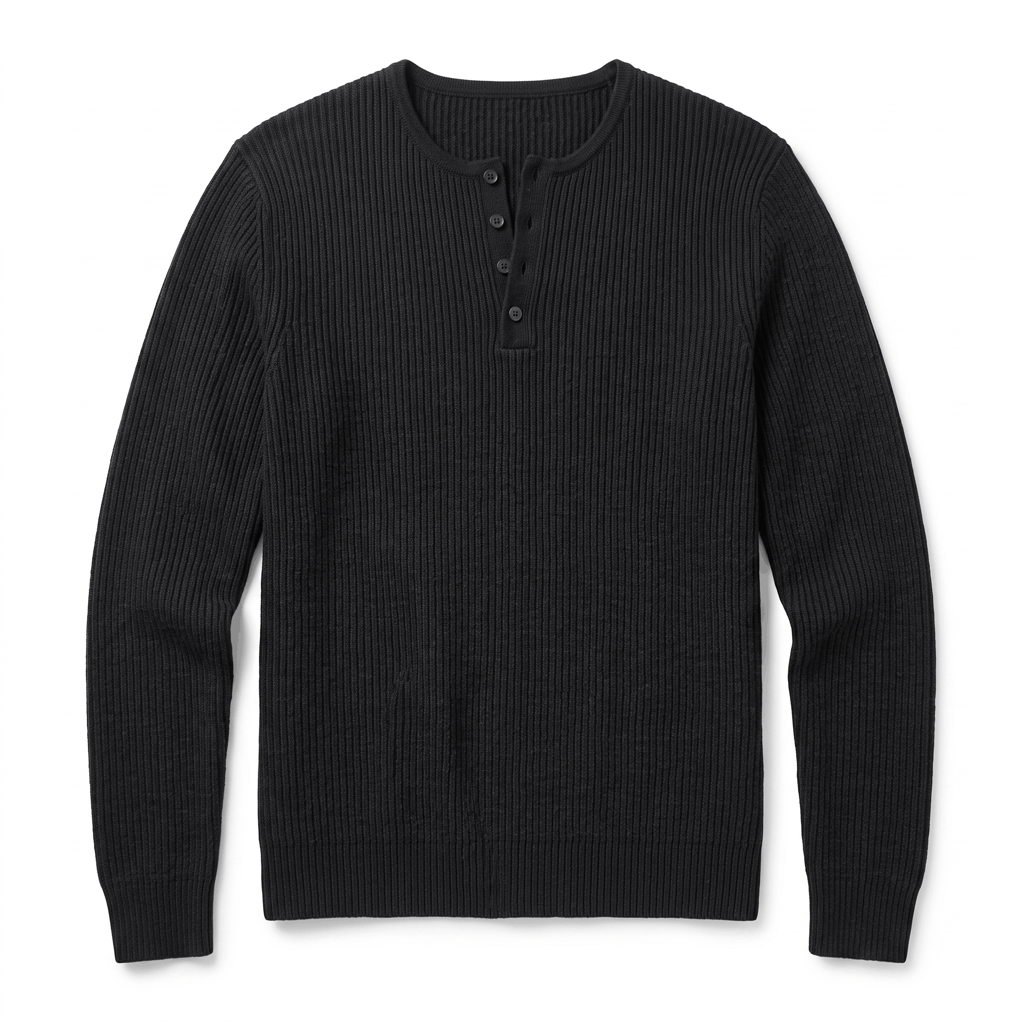 Black ribbed knit henley sweater featuring a four-button placket and long sleeves in a regular layering fit.