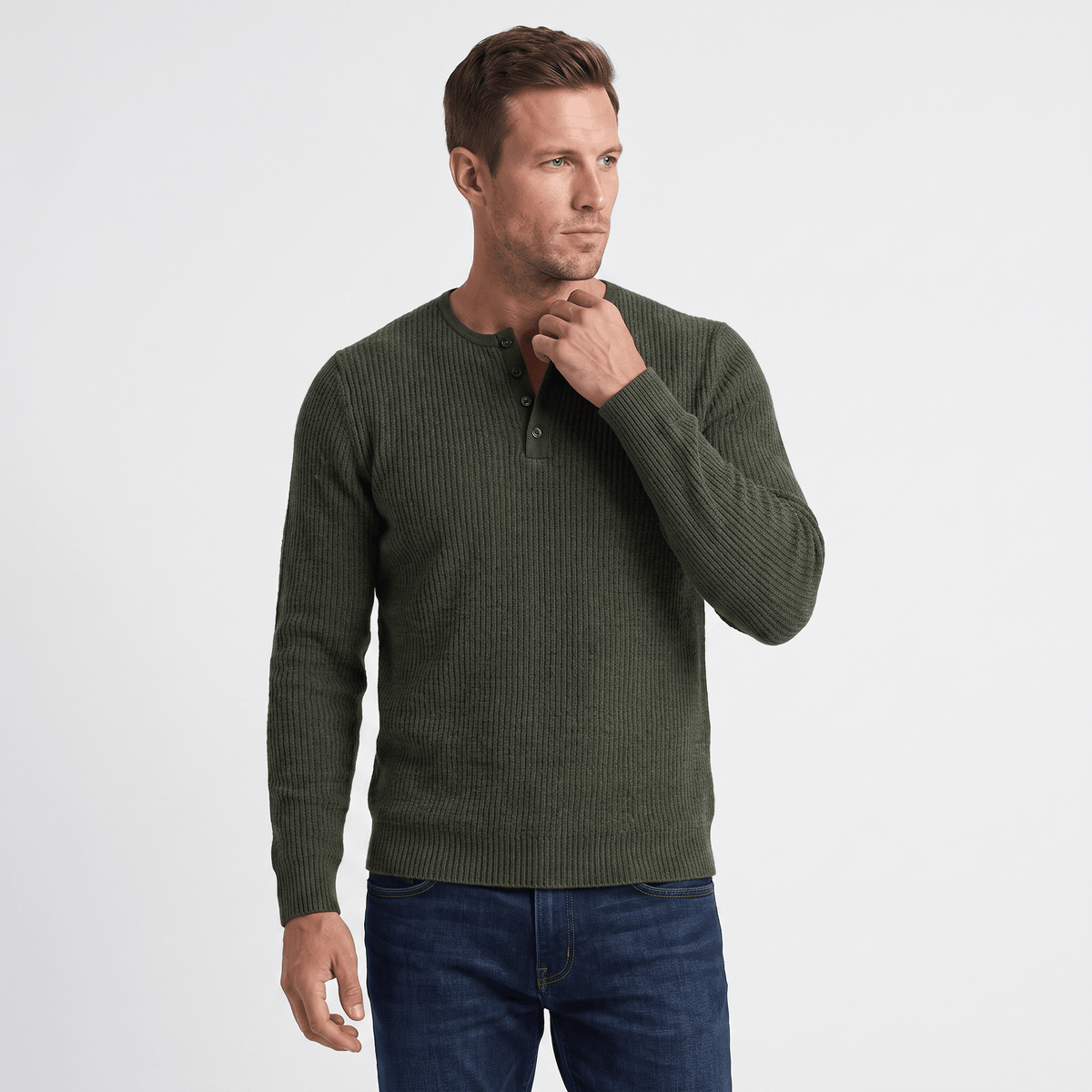 Olive green ribbed knit henley sweater with a four-button placket, featuring a regular fit and long sleeves.