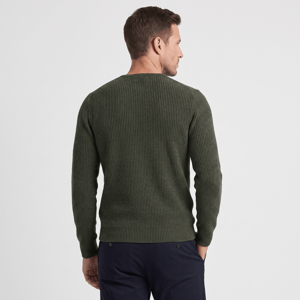 Olive green ribbed knit henley sweater with long sleeves and a regular fit, shown from the back.