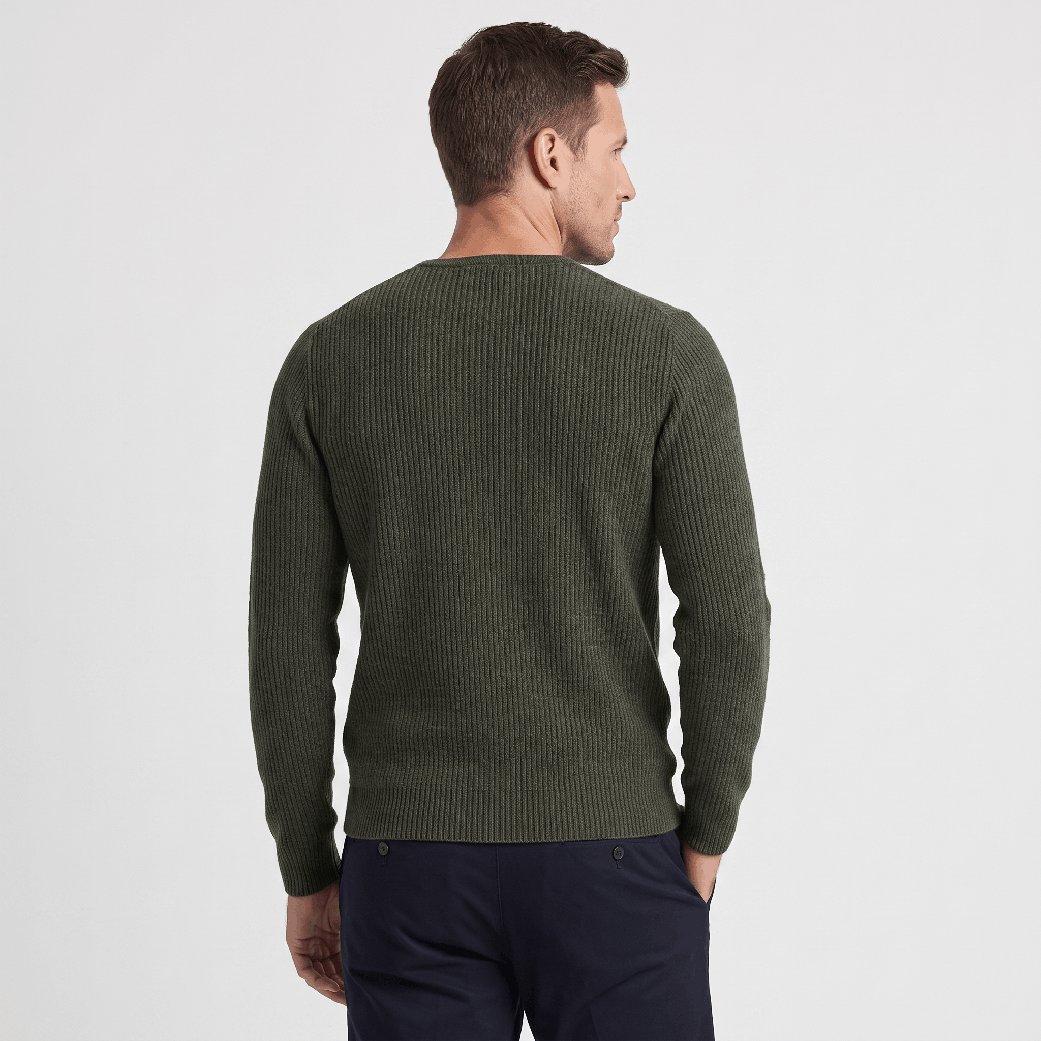 Olive green ribbed knit henley sweater with long sleeves and a regular fit, shown from the back.
