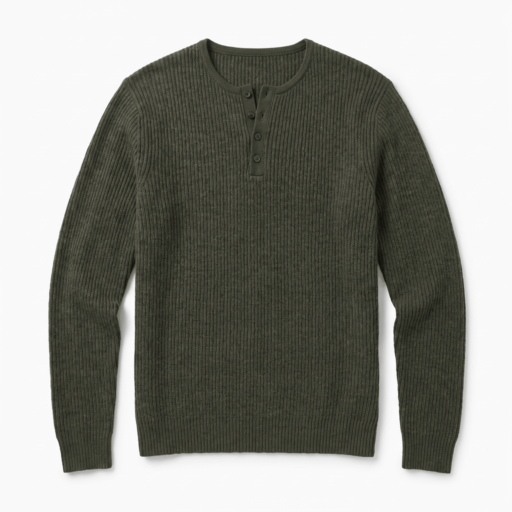 Olive green long-sleeve henley sweater in ribbed knit fabric with a four-button placket and regular fit.