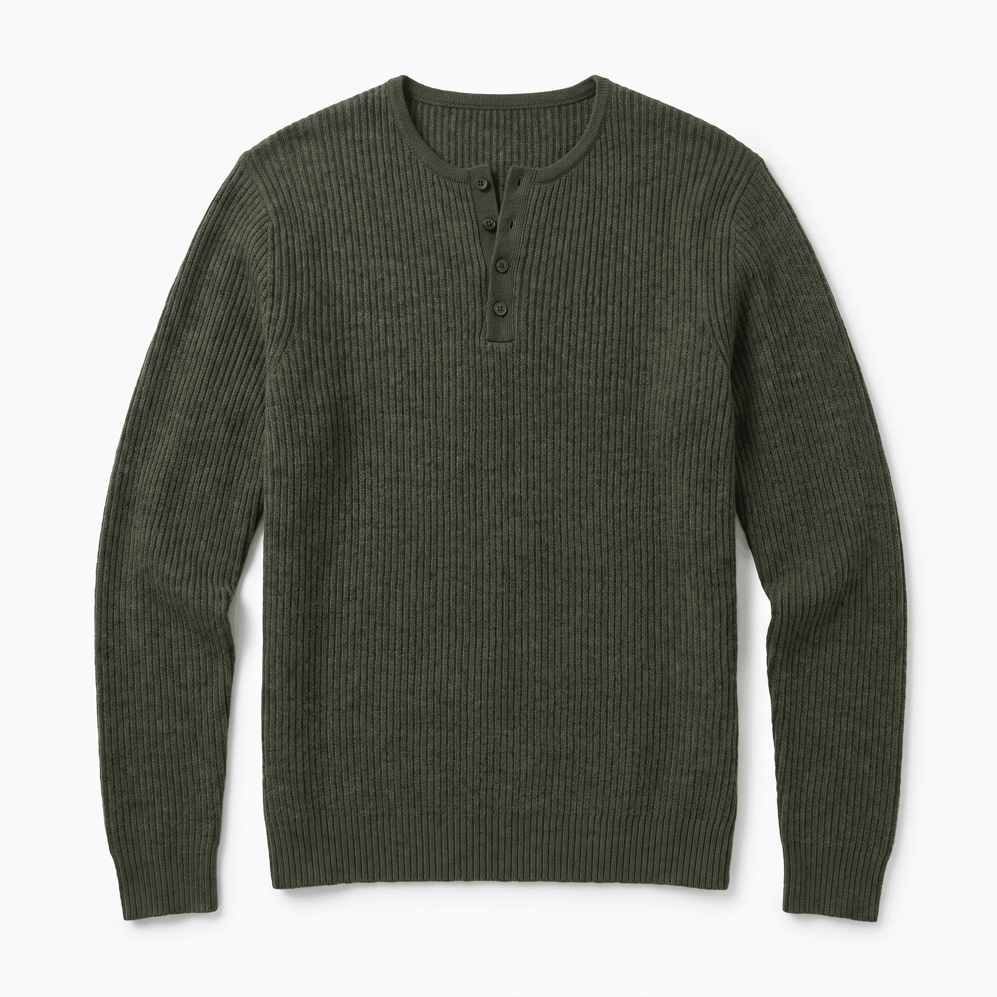 Olive green long-sleeve henley sweater in ribbed knit fabric with a four-button placket and regular fit.