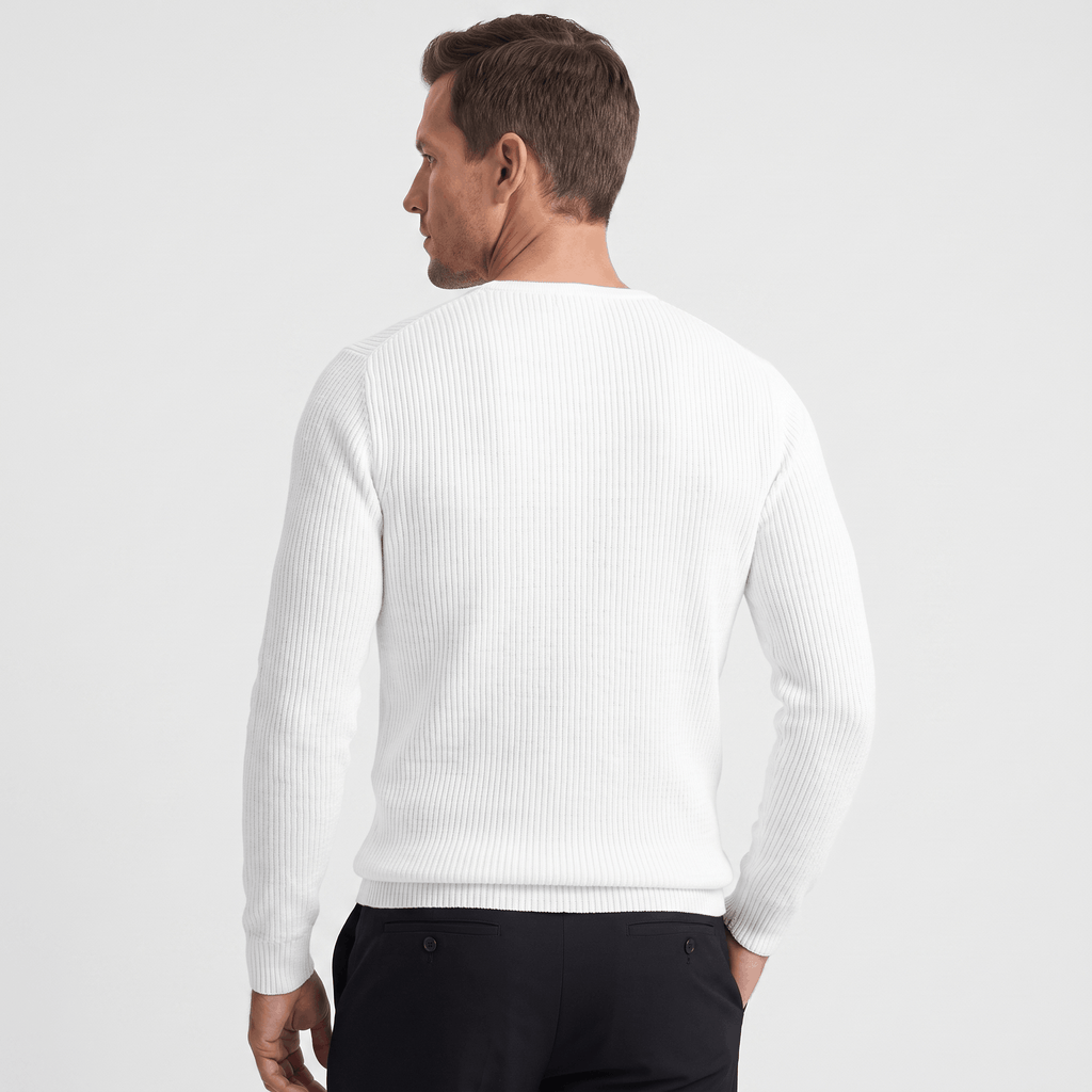 White ribbed knit long-sleeve henley sweater in a regular fit, viewed from the back against a neutral background.