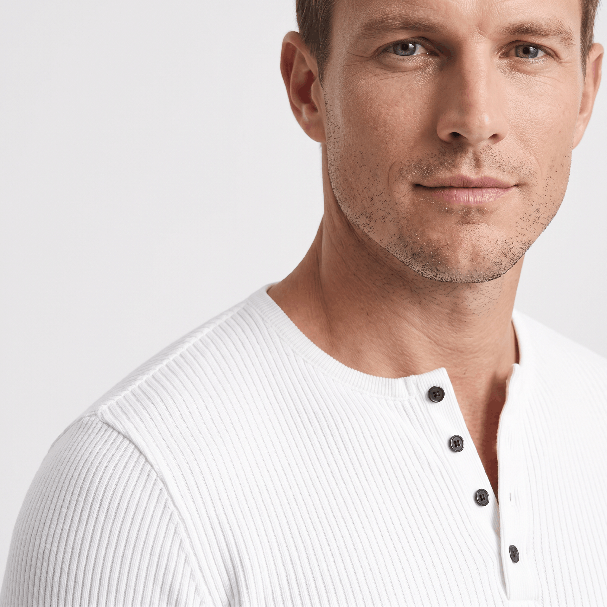White ribbed knit henley sweater featuring a four-button placket and a regular fit, worn by a man against a neutral background.