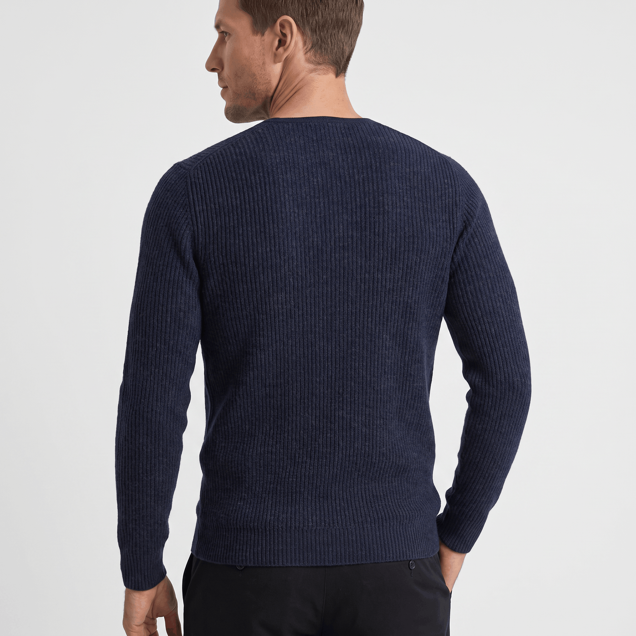 Navy blue ribbed knit henley sweater with a regular fit, shown from the back on a man against a plain background.
