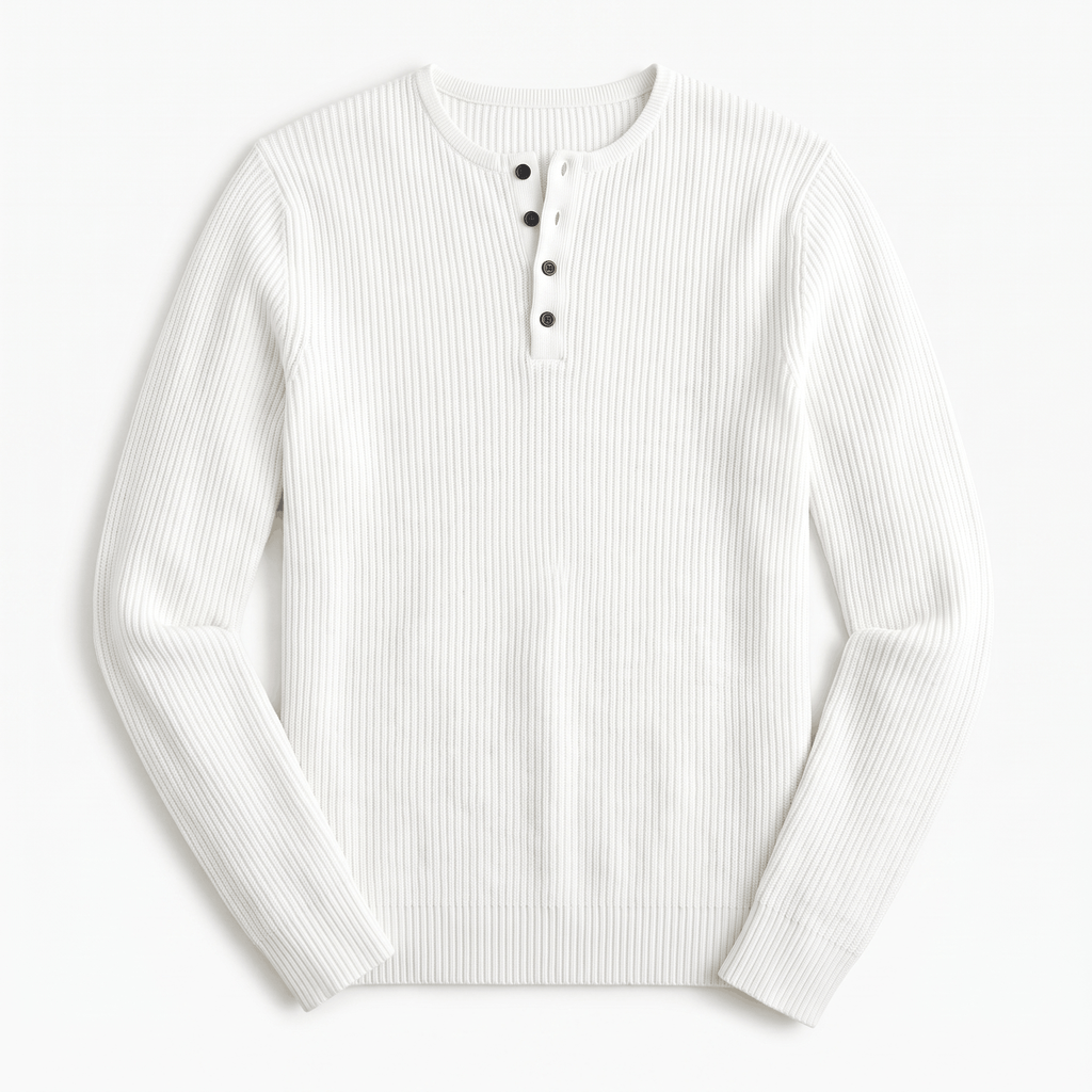 White ribbed knit henley sweater featuring a four-button placket and long sleeves in a regular layering fit.