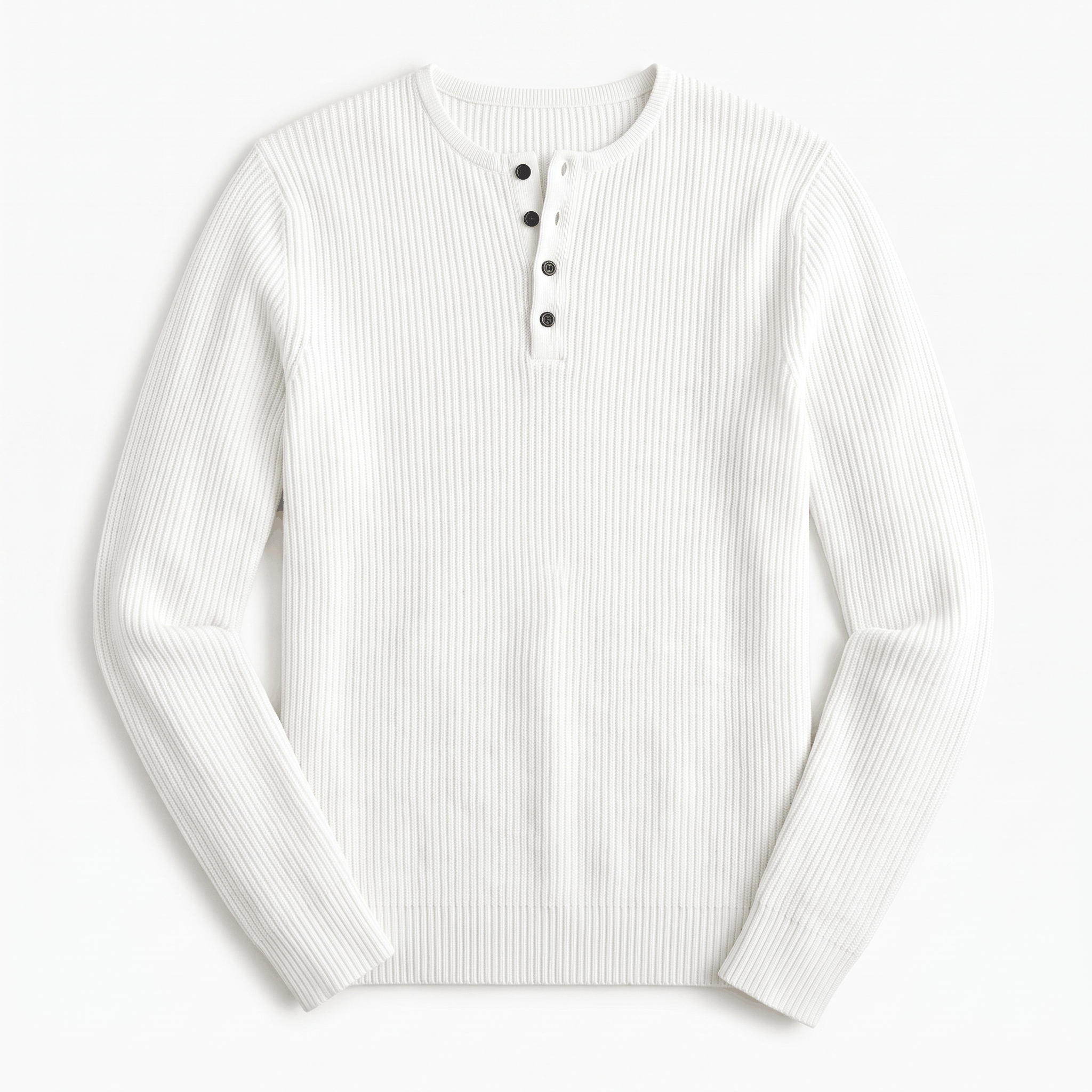 White ribbed knit henley sweater featuring a four-button placket and long sleeves in a regular layering fit.