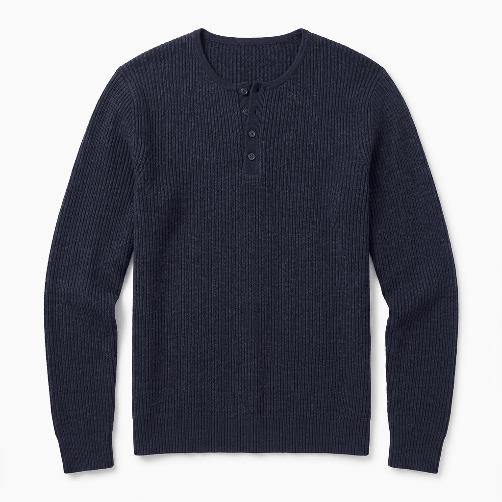 Navy blue ribbed knit henley sweater with a four-button placket and long sleeves in a regular fit.