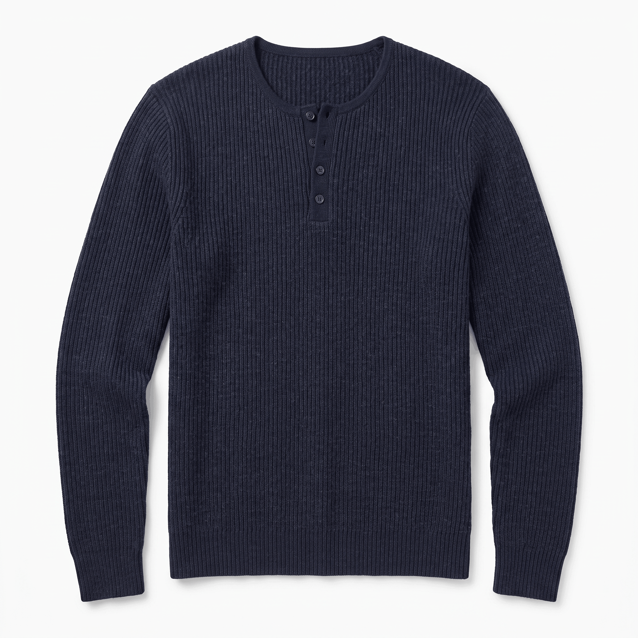 Navy blue ribbed knit henley sweater with a four-button placket and long sleeves in a regular fit.