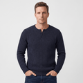 Navy blue ribbed knit henley sweater with a four-button placket and regular fit, worn by a man against a light background.