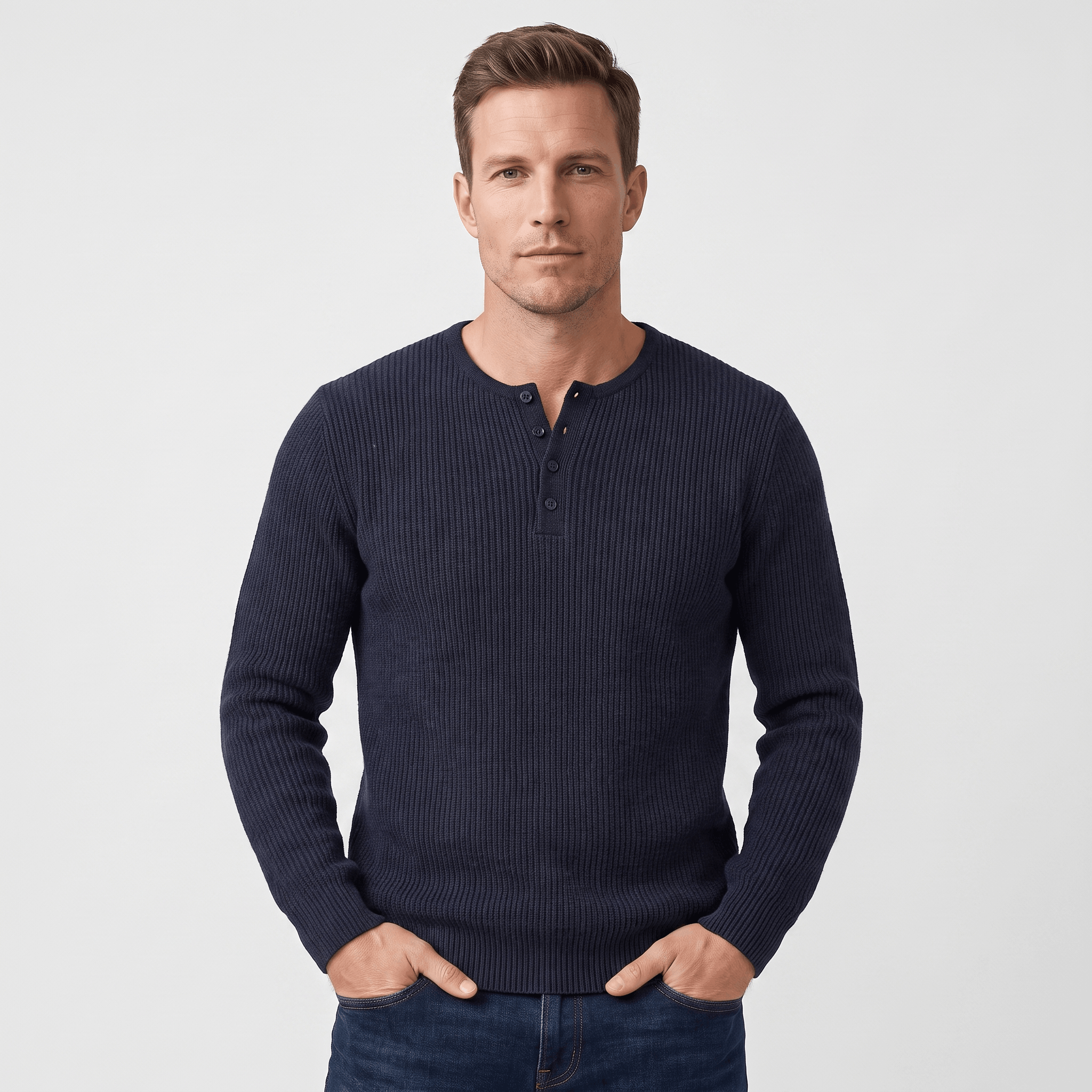 Navy blue ribbed knit henley sweater with a four-button placket and regular fit, worn by a man against a light background.