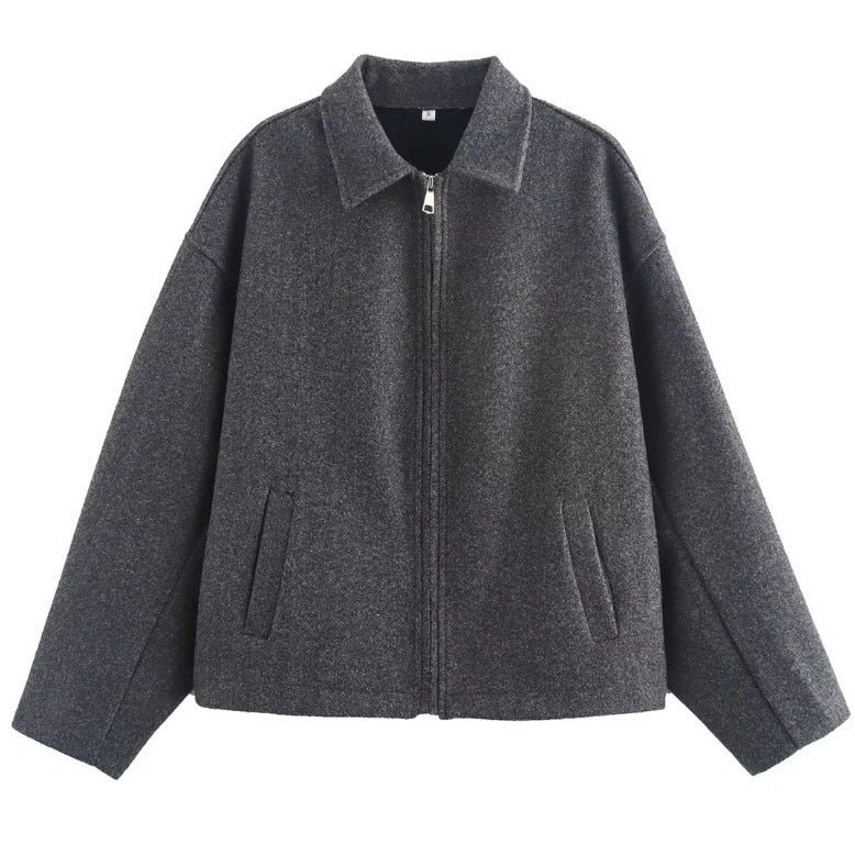 Bettina Wool Blend Cropped Jacket – Oversized Zip-Up Outerwear