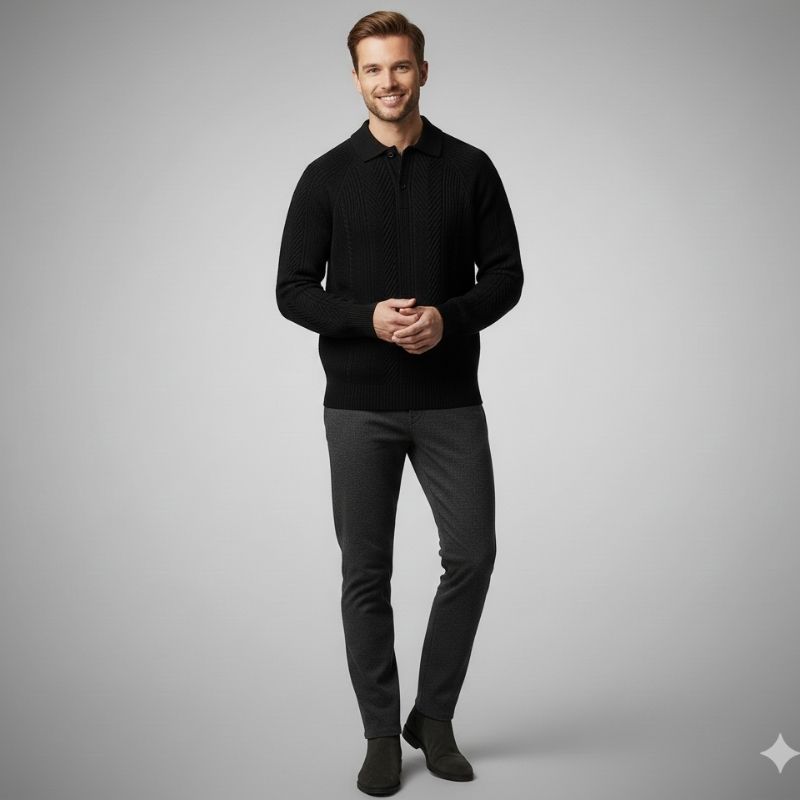 Franco Men's Herringbone Knit Polo Sweater with Structured Collar Pullover