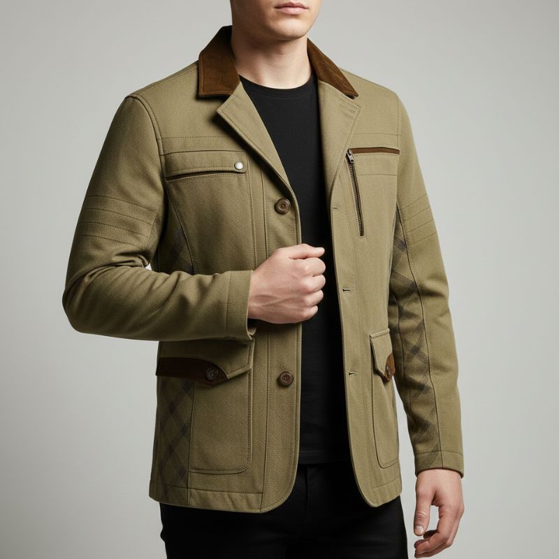 Brescia Men's Heavy Cotton Twill Field Jacket with Suede Accents and Checked Lining