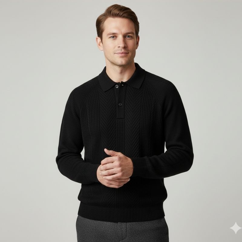 Franco Men's Herringbone Knit Polo Sweater with Structured Collar Pullover
