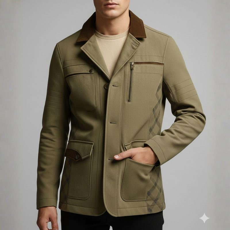 Brescia Men's Heavy Cotton Twill Field Jacket with Suede Accents and Checked Lining