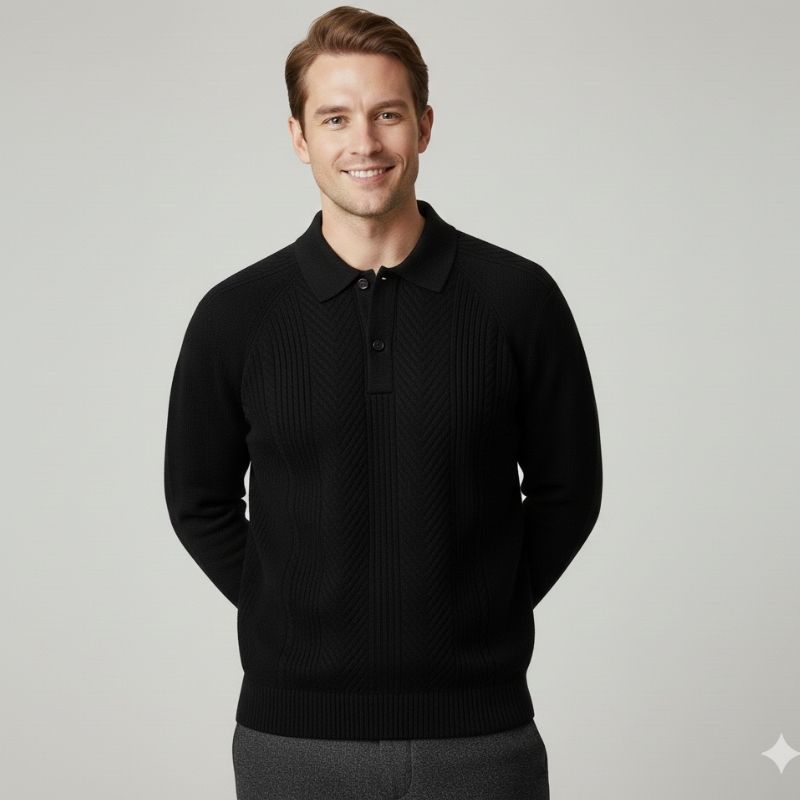 Franco Men's Herringbone Knit Polo Sweater with Structured Collar Pullover