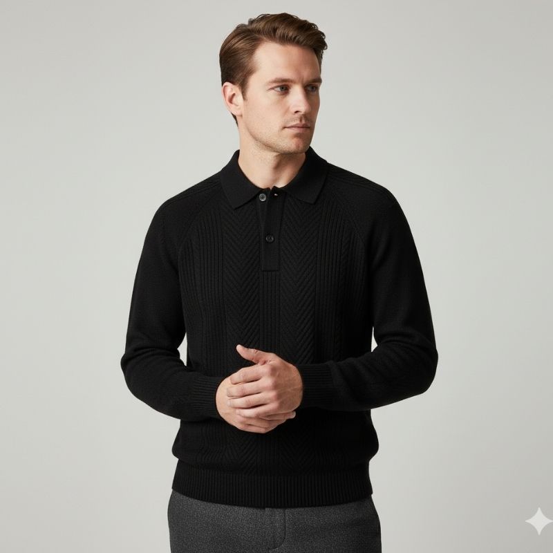 Franco Men's Herringbone Knit Polo Sweater with Structured Collar Pullover