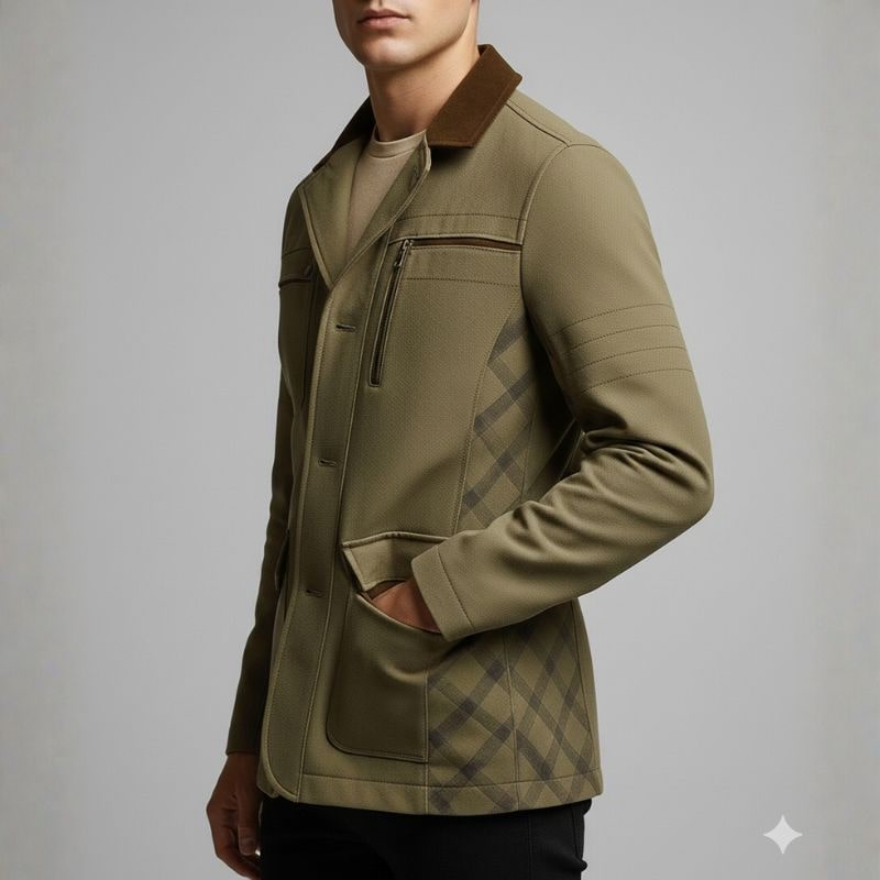Brescia Men's Heavy Cotton Twill Field Jacket with Suede Accents and Checked Lining