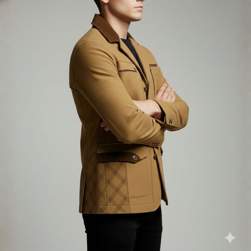 Brescia Men's Heavy Cotton Twill Field Jacket with Suede Accents and Checked Lining