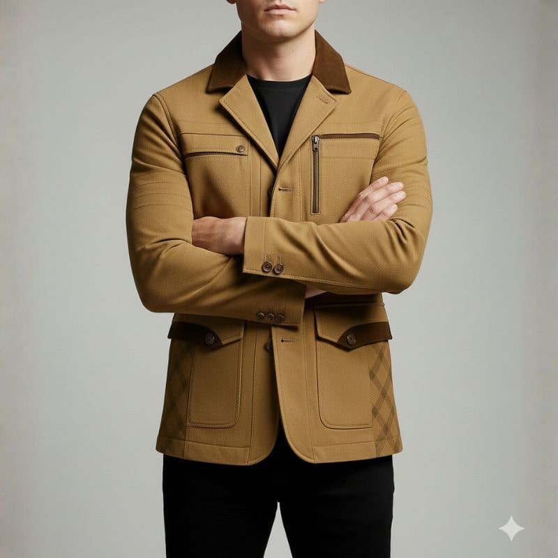 Brescia Men's Heavy Cotton Twill Field Jacket with Suede Accents and Checked Lining