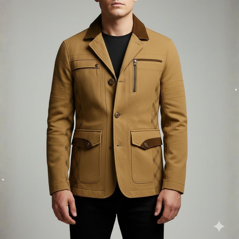 Brescia Men's Heavy Cotton Twill Field Jacket with Suede Accents and Checked Lining