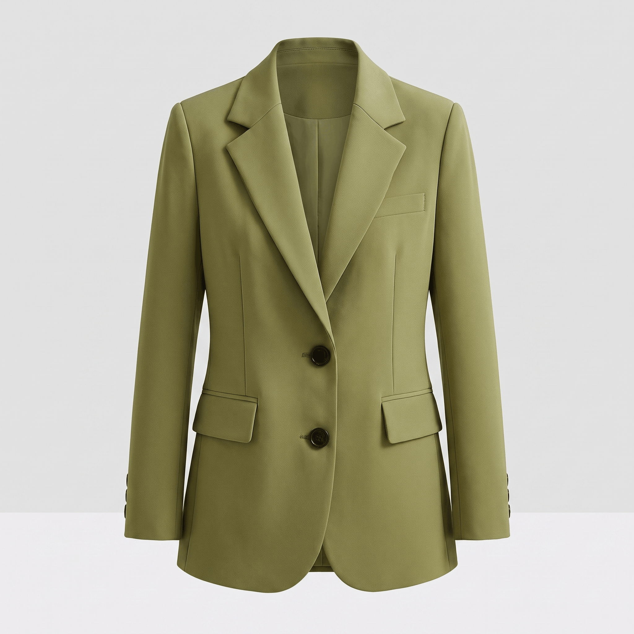Olive green tailored blazer with notched lapels, single-button closure, flap pockets, and long sleeves.