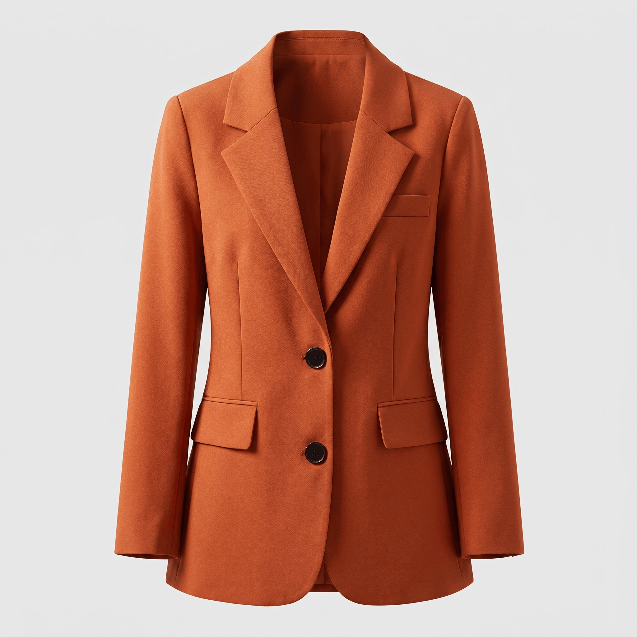 Burnt orange tailored blazer with notched lapels, single-button closure, flap pockets, and long sleeves.