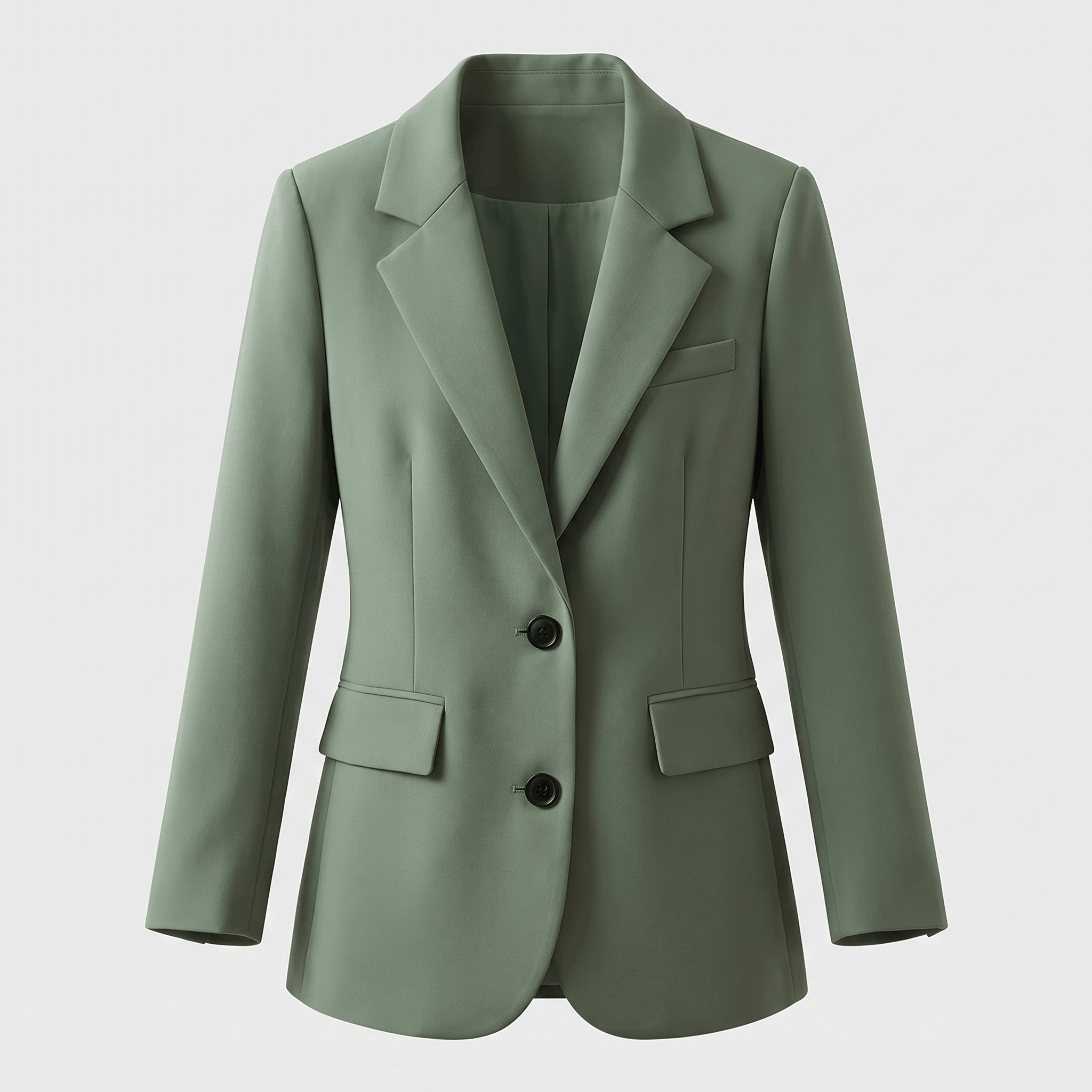Sage green tailored blazer with notched lapels, single-button closure, flap pockets, and long sleeves.