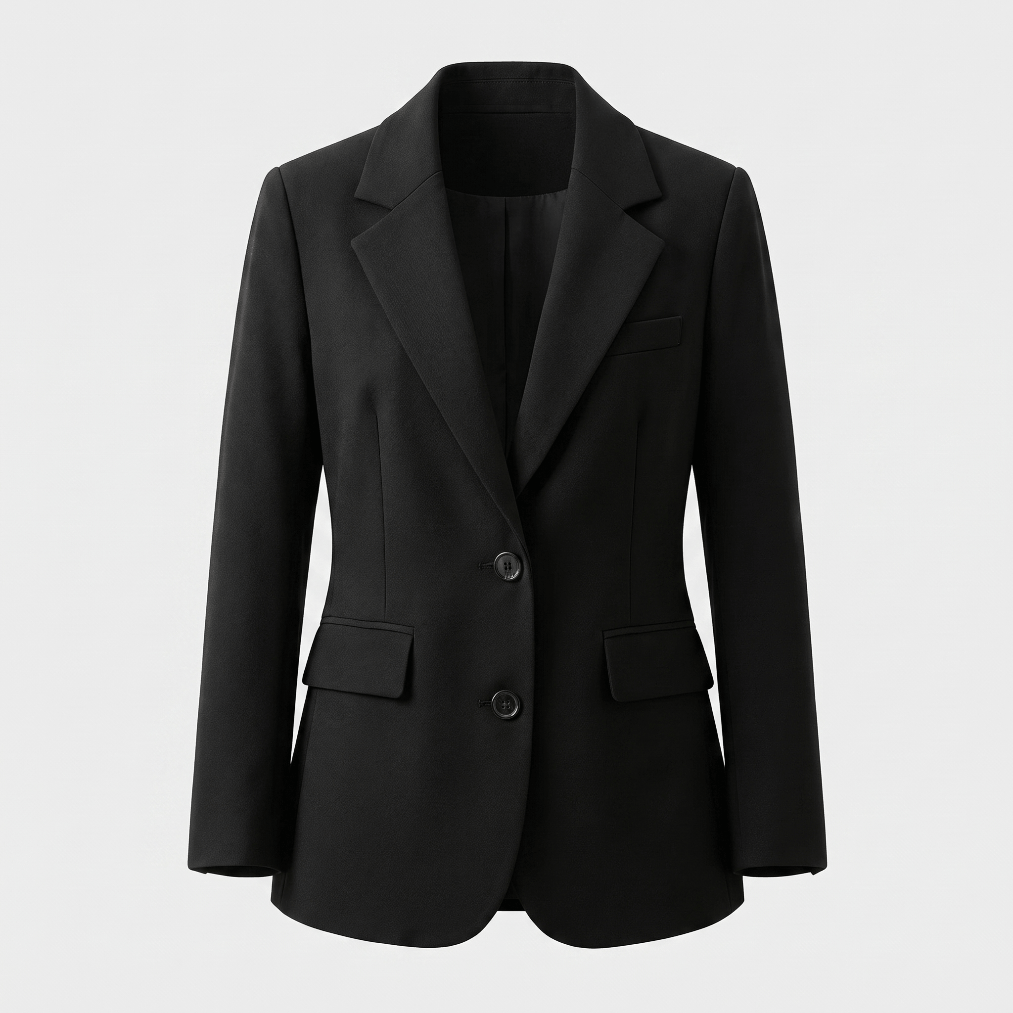 Black tailored blazer with notched lapels, single-button closure, flap pockets, and long sleeves.