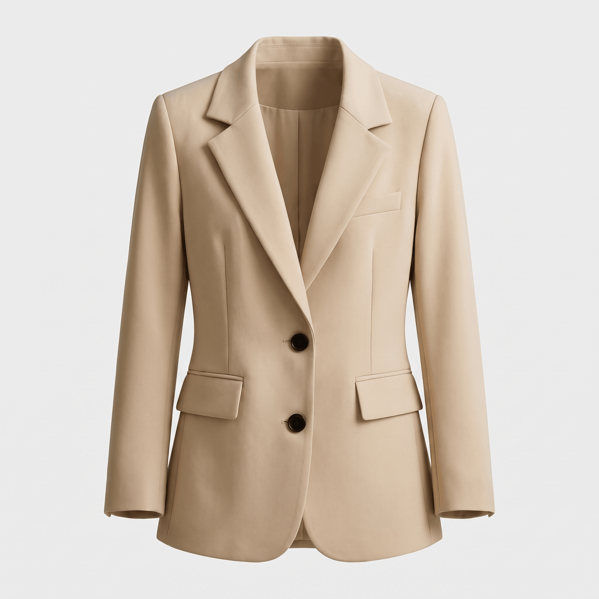 Ivory tailored blazer with notched lapels, single-button closure, flap pockets, and long sleeves.