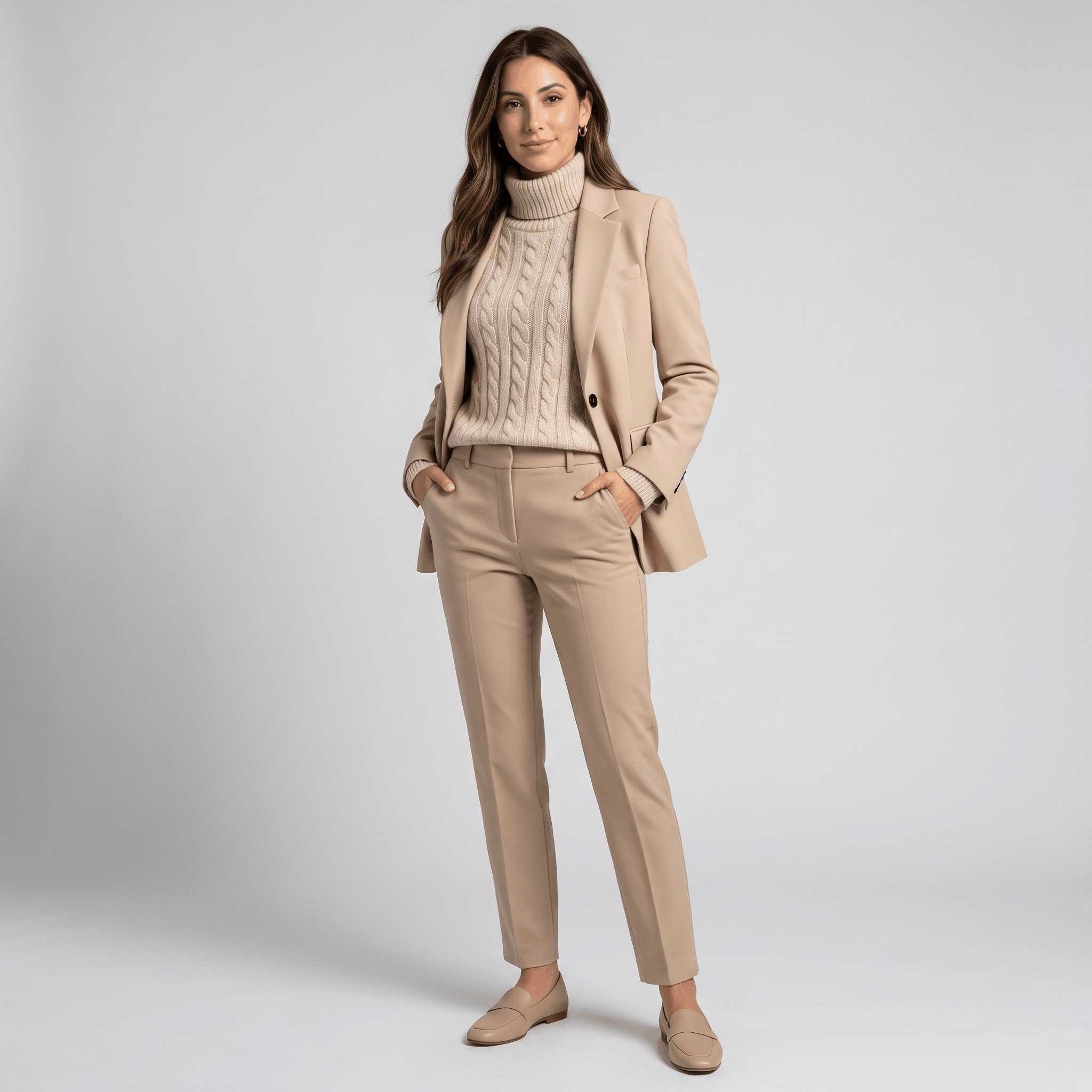 Female model wearing the ivory blazer with matching beige trousers.