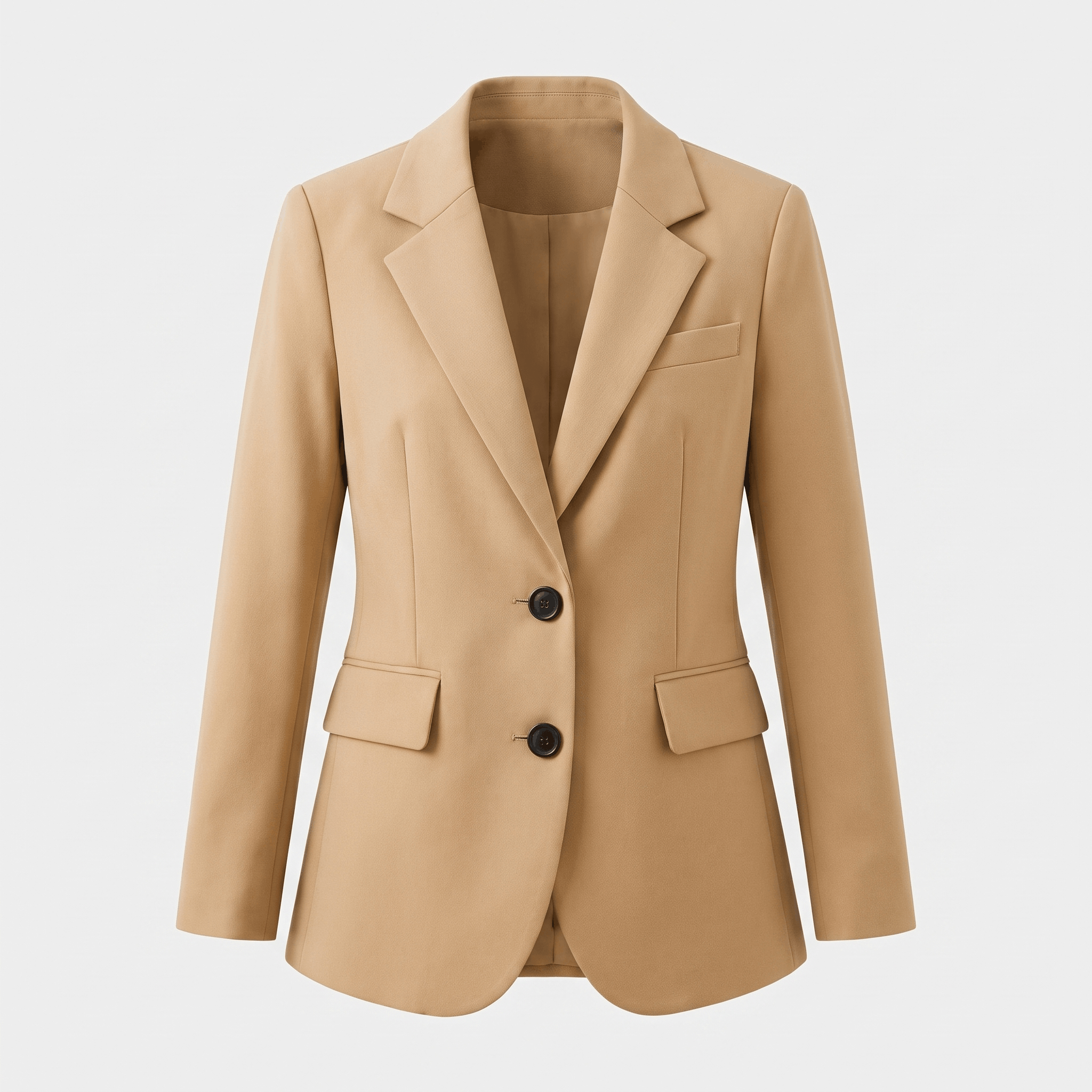 Beige tailored blazer with notched lapels, two-button front closure, flap pockets, and long sleeves.