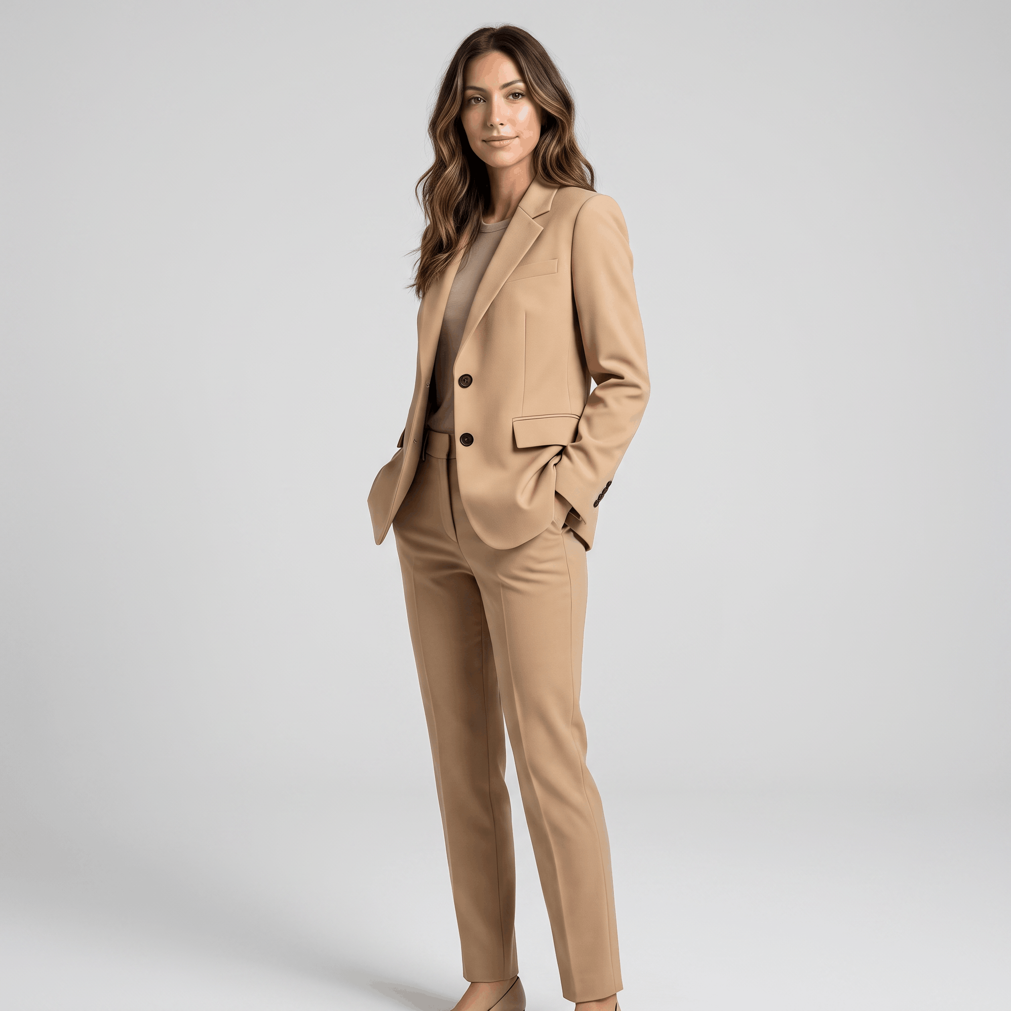 Female model wearing the beige blazer with matching trousers.